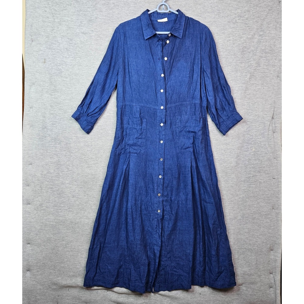 Poetry Blue 100% Linen Maxi Shirt Dress Long Sleeve Pockets Size US 10